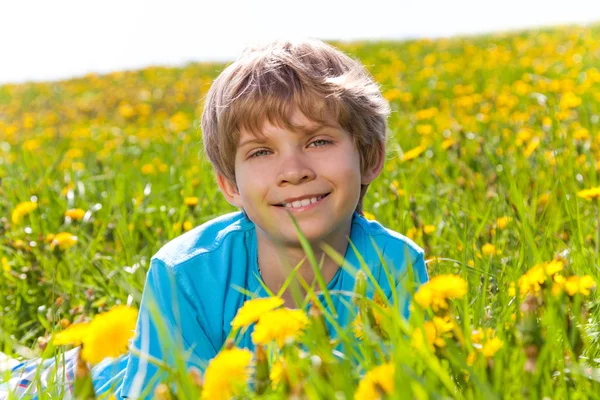 Smiling boy in dandelions portrait — Stock Photo, Image