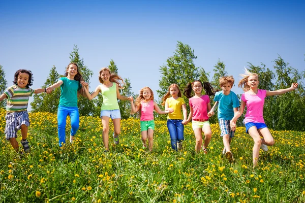 Lekfulla barn springa, hålla händerna i grönt fält — Stockfoto