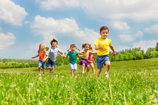 Running kids in green field during summer Stock Picture