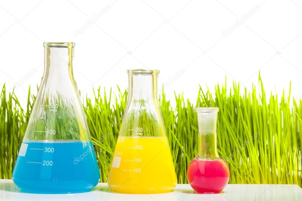Colorful liquids in three different test tubes  