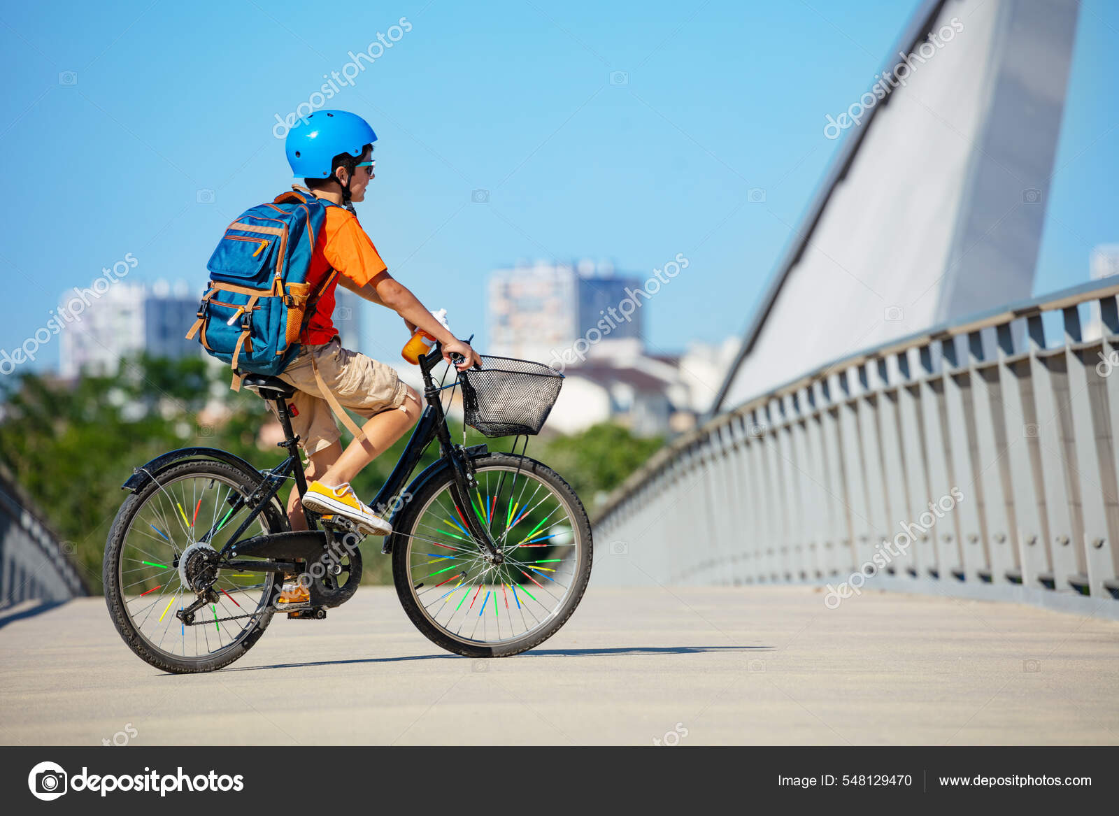 Side View School Child Boy Ride Bicycle Bike Lane Bridge — Stock