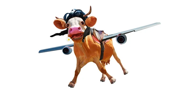 Conceito Personagem Piloto Vaca Feliz Voar Céu Com Asas Avião — Fotografia de Stock