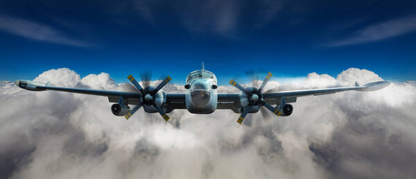 Вид спереди с большого самолета между облаками высоко в небе