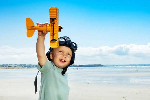 Happy Blond Boy Play Toy Plane Model Sand Beach Wearing — Stock Photo, Image