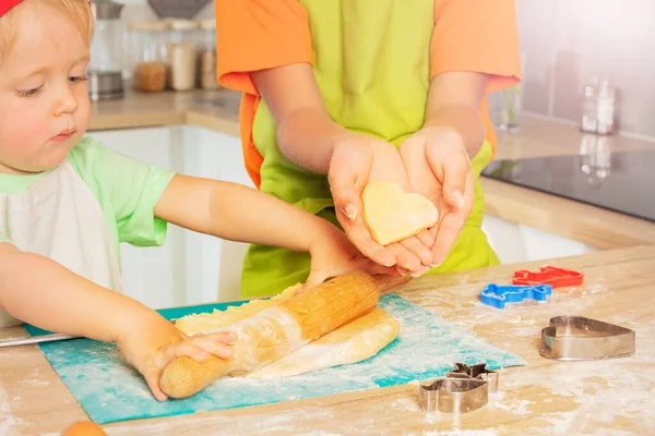 Two Children Cook Wearing Chef Hat Toddler Roll Dough Plunger — Stock Photo, Image