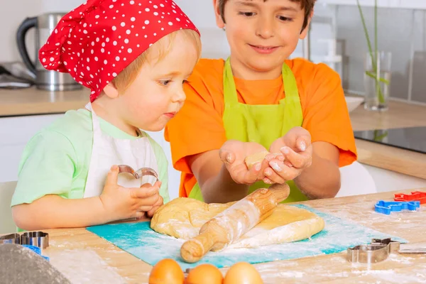 Two Kids Prepare Cookies Baking Roll Dough Cut Shapes Kitchen — Stock Photo, Image