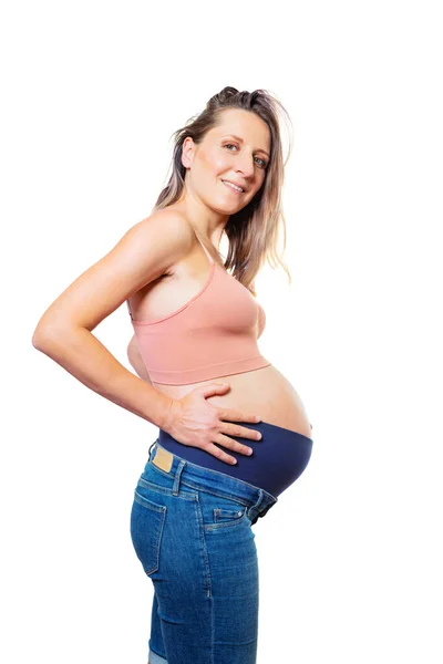 Zwangere Vrouw Holen Grote Buik Staande Geïsoleerd Witte Focus Taille — Stockfoto