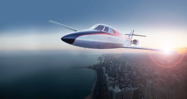 Pequeño Jet Negocios Volando Sobre Centro Chicago Abrir Cerrar Ojos — Foto de Stock