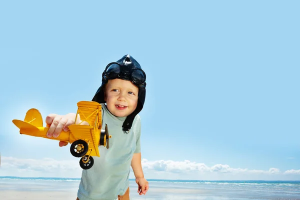 Little Laughing Boy Play Toy Plane Model Sand Beach Wearing — Stock Photo, Image