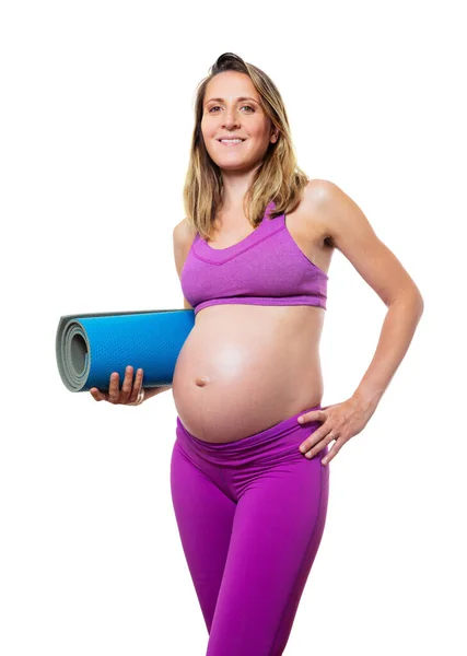 Pregnant Woman Big Belly Sport Fitness Clothes Stand Smiling Holding — Stock Photo, Image