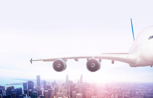 Ala Avião Jato Grande Voar Sobre Chicago Centro Antes Pôr — Fotografia de Stock