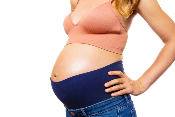 Close Big Belly Pregnant Woman Maternity Jeans Standing Isolated White — Stock Photo, Image