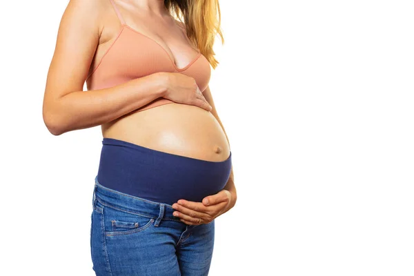 Close Pregnant Woman Holing Big Belly Standing Isolated White Focus — Stock Photo, Image