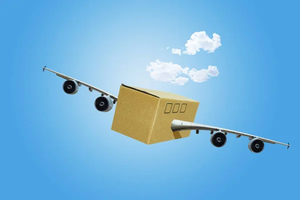 輸送または旅行の概念 空にジェット飛行機の翼とエンジンを備えた段ボール箱 — ストック写真
