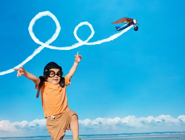 Dancing Jumping Happy Little Boy Aviator Hat Small Plane Flying — Stock Photo, Image