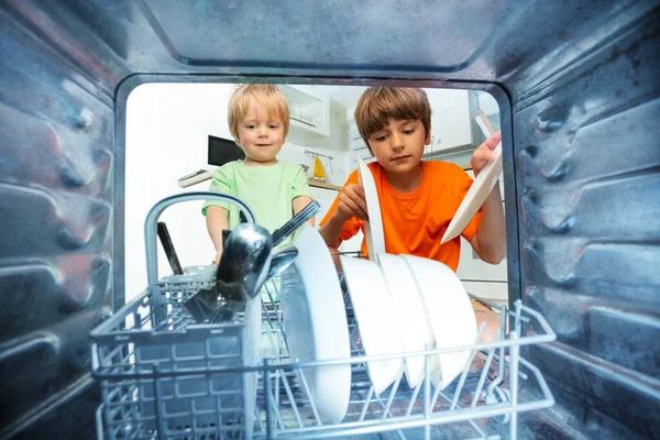 Two Happy Children Brothers Take Dishes Out Kitchen Dishwasher Helping — Stock Photo, Image