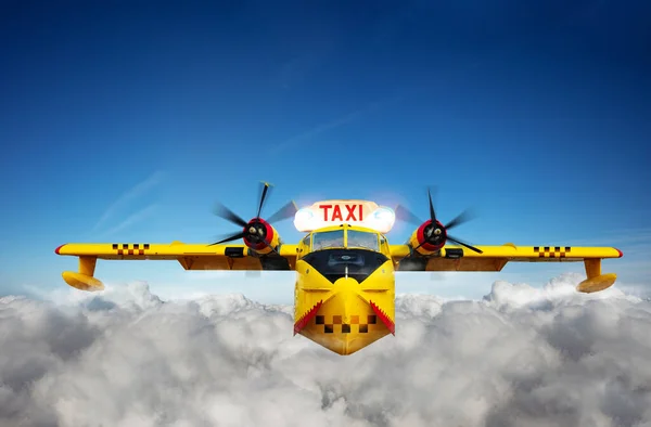 Amarillo Taxi Aéreo Avión Mixto Concepto Volar Las Nubes Cielo — Foto de Stock
