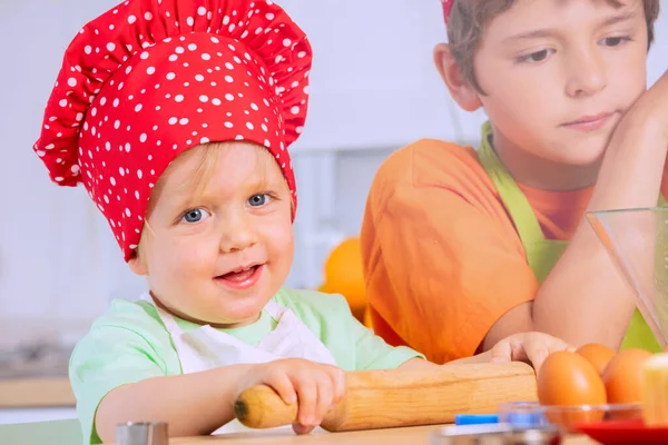 Little Toddler Boy Roll Plunger Dough Wearing Chef Hat Brother — Stock Photo, Image