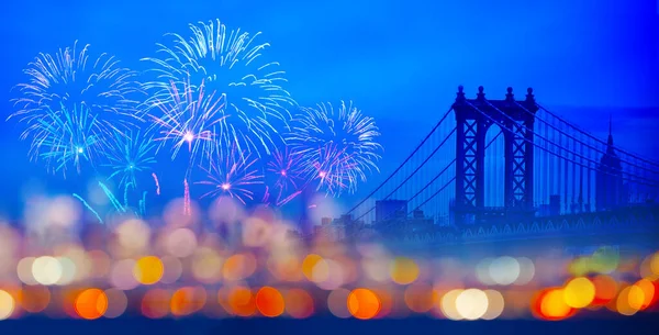 Pont Brooklyn Manhattan Avec Feux Artifice Dans Ciel Nocturne Dessus — Photo