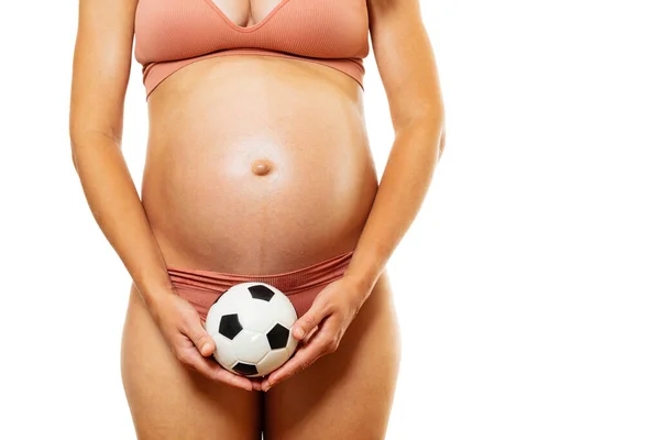 Close Pregnant Woman Belly Holding Soccer Ball Expecting Boy Standing Royalty Free Stock Images