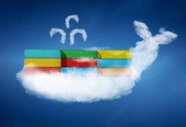 Bulut balinasında grup ve konteynır yığını - ulaşım veya bilgisayar geliştirme DevOps Limanı kavramı