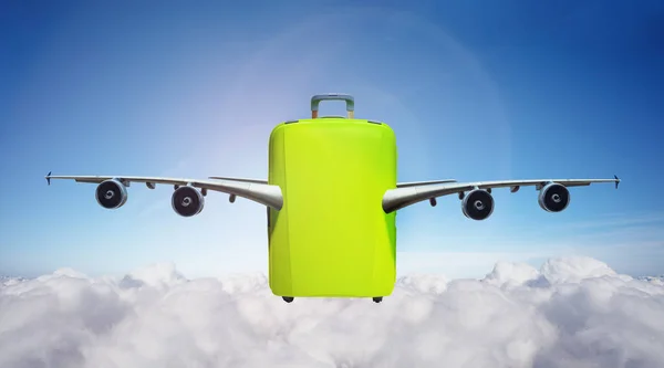 Suitcase baggage with wings fly in the clouds - travel mixed media concept