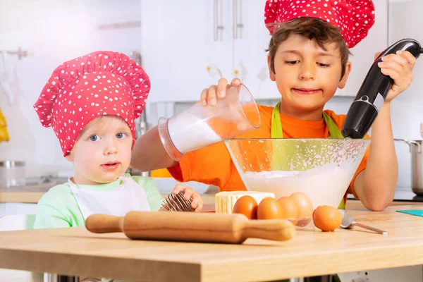 Boy Add Sugar Bowl Mix Dough Preparing Cookies Little Brother — Stock Photo, Image