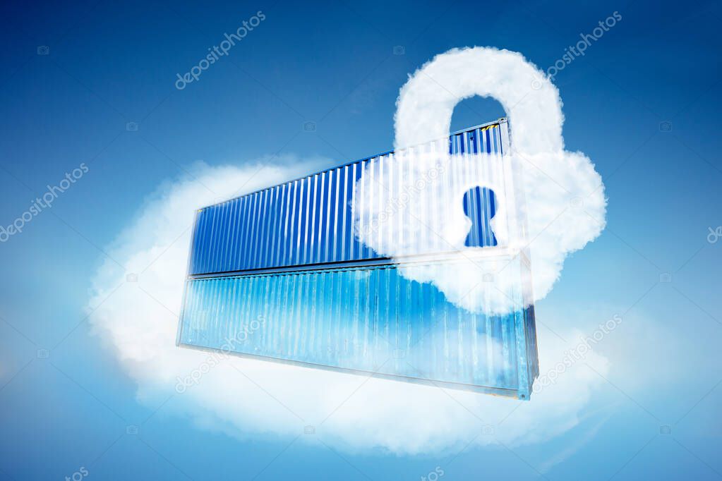 Two containers in the cloud and with secure lock icon show software infrastructure operations concept