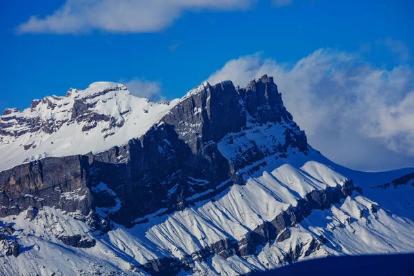 Mont Blanc Massive Step Rocky Peaks Winter Covered Snow Clouds — 图库照片