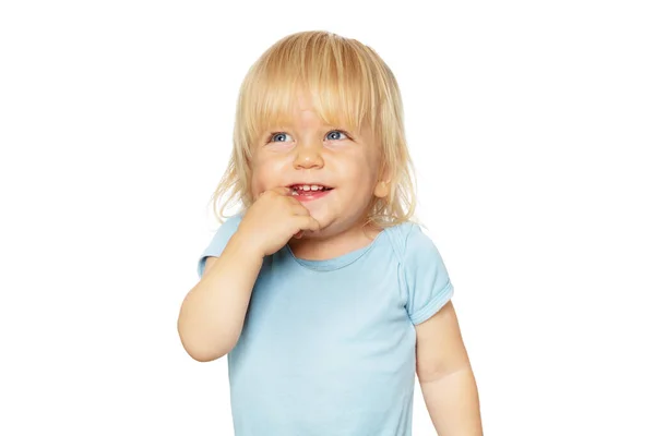 Portrait Happy Laughing Blond Toddler Boy Hold His Hand Mouth — Zdjęcie stockowe