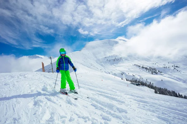Preteen Handsome Boy Ski Downhill Slope Mountain Front View — Stockfoto