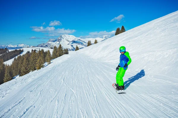 Boy Snowboard Move Fast Downhill Ski Alpine Sloe Mountain Front — Zdjęcie stockowe