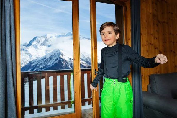 Winter Vacation Young Boy Ski Outfit Open Door Balcony Alpine — 图库照片