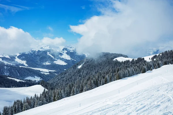 Schönes Bergpanorama Schneebedeckter Wald Sonnigen Tagen Den Französischen Alpen — Stockfoto