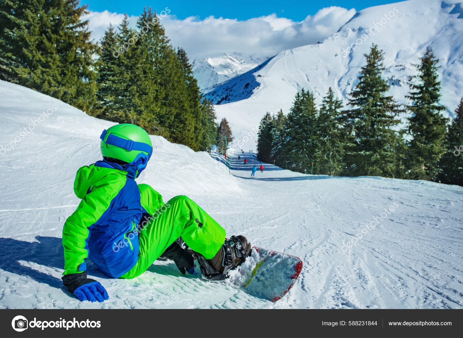 Boy Sit Ski Track Snowboard Attached Wearing Helmet Snowboarder Outfit
