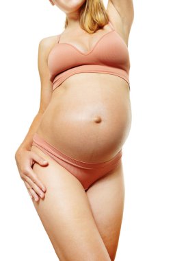 Pregnant woman with belly, future mother pose, image isolated on white