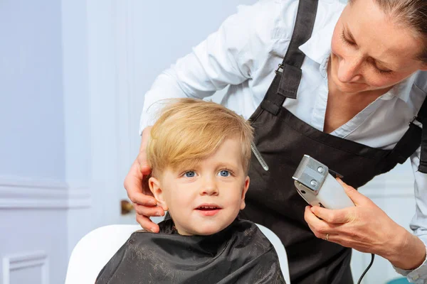Barber hairstylist woman trim with professional machine trimmer hairs of a little blond boy