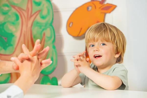 Little Cute Blond Boy Copy Gesture Play Using Fingers Hands — Stock Photo, Image