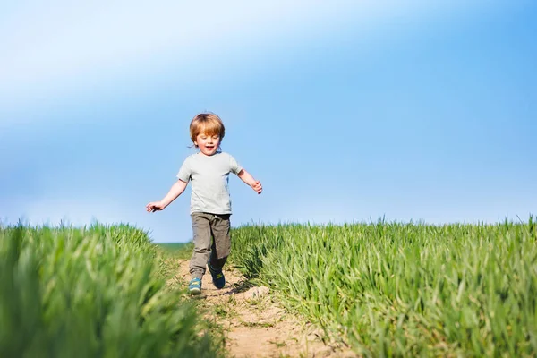 Cute Boy Run Smiling Clear Spring Field Blue Sky — Fotografia de Stock