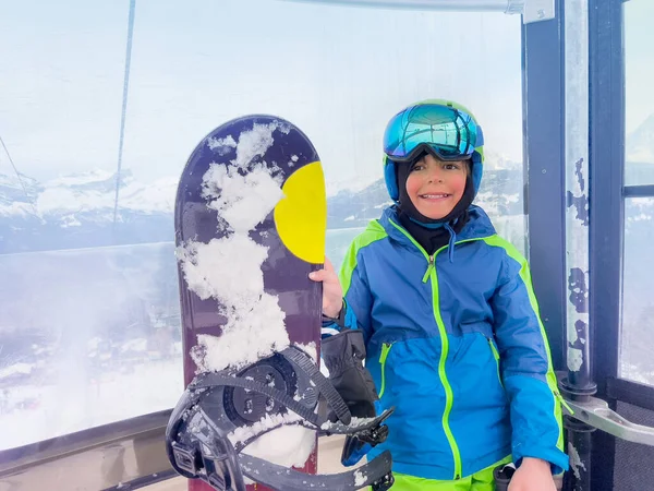 Happy Little Boy Snowboard Stand Cabin Chairlift Holding Board Smile — Stock Fotó