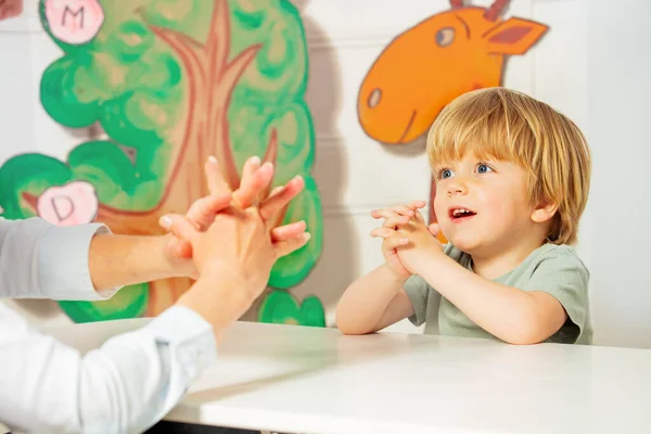 Handsome Blond Boy Copy Gesture Play Using Fingers Hands Developmental — Stock Photo, Image