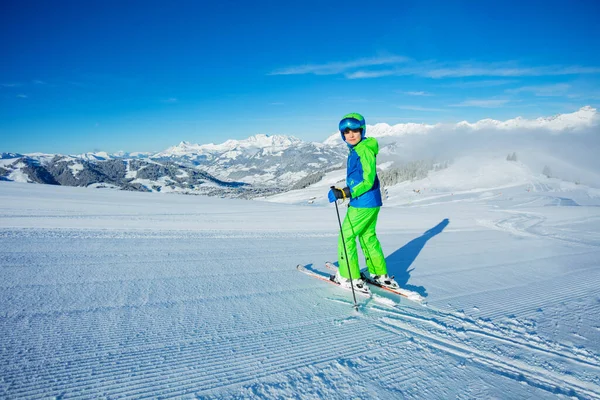 Preteen Boy Stand Alpine Ski Look Back Smile Fresh Skiing — Φωτογραφία Αρχείου