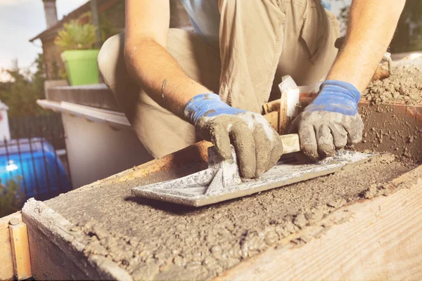 Close Man Hands Work Trowel Make Concrete Staircase Home — Stock Photo, Image