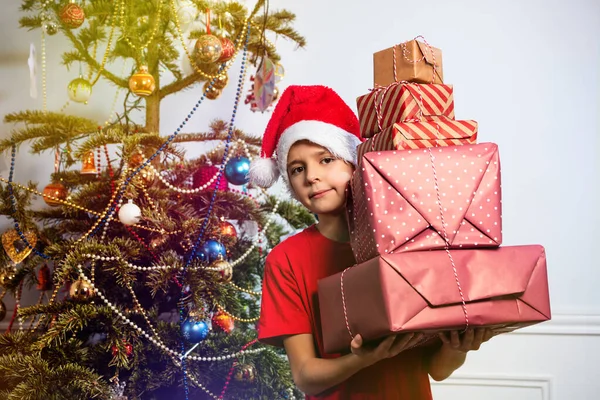 Close Portrait Happy Little Boy Stand Huge Stack Presents Santa — Φωτογραφία Αρχείου