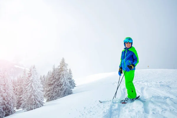 Boy Alpine Mountain Ski Stand Resting Side Track Snow Covered — Foto Stock