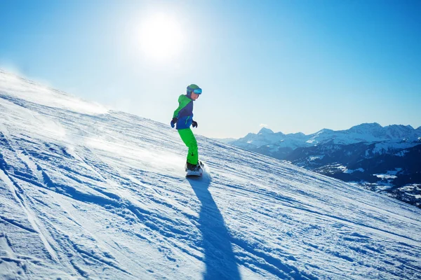 Schnelles Action Foto Von Snowboardfahrer Junge Beim Abfahren Auf Dem — Stockfoto