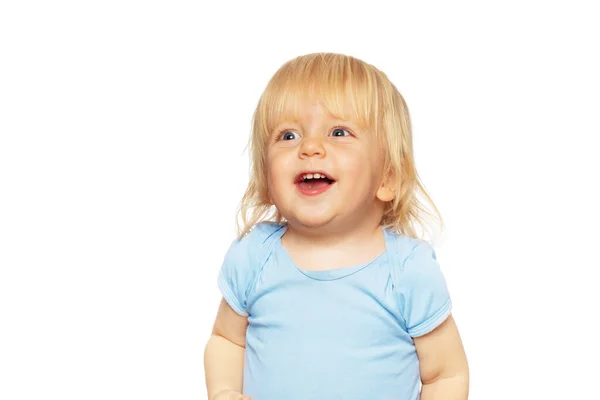 Portrait Happy Laughing Blond Toddler Boy Open Mouth Isolated White — Stockfoto