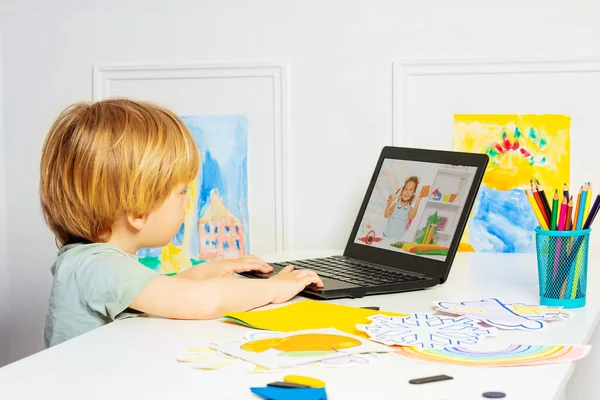 Smart Smiling Blond Boy Using Laptop Remote Educational Videos — Stockfoto