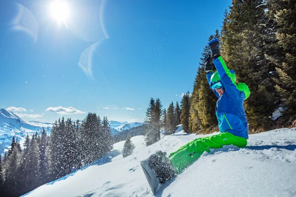 Boy Happily Lift Hands Snowboard Sit Ski Track High Mountains — Photo