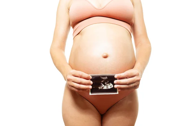 Pregnant Woman Hold Hands Ultrasound Image Holding Belly Isolated White — Stok fotoğraf